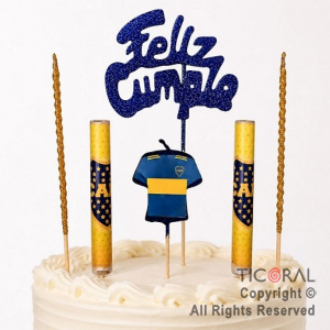 ADORNO DE TORTA SET ESCUDO BOCA JUNIORS VELA CAMISETA 2 VELAS Y 2 BENGALAS x 1